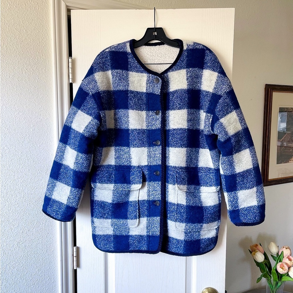Sézane Farel Wool Check Reversible Jacket Blue Ecru 40 NWT - Picture 2 of 11